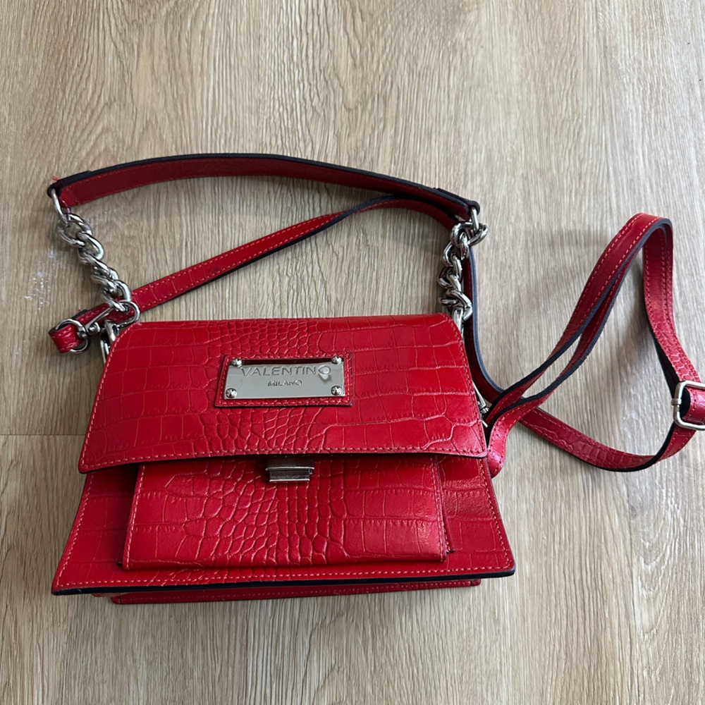 Valentino By Mario Valentino Red Croc-Embossed Crossbody Bag